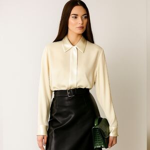 Mulberry🐞Chic Cream Silk Button Down Luxury Shirt with Shiny Collar and Cuffs